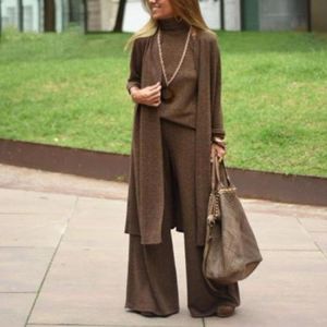 Elegant Lady Home Suit Fashion Solid Women 3 Piece Set Casual Long Cardigan Sleeveless Turtleneck Tops And Wide Leg Pants Outfit
