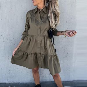 Women Elegant Solid Long Sleeve Button Party Dress Fall Fashion Lapel Pleated Ruffle Female Mini Dress Casual Loose Shirt Dress