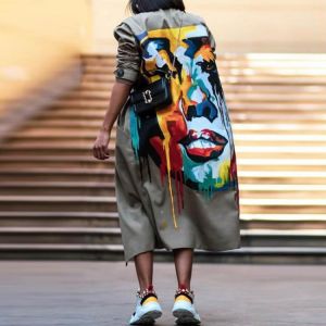Women Casual Trench Outwears Fashion Harajuku Printed Button Lapel Coats Ladies Outerwear Autumn Winter Elegant Long Windbreaker