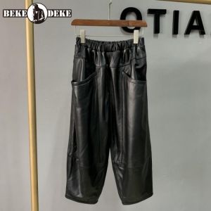 Women Real Leather Harem Pants Fashion Elastic High Waist Loose Calf-Length Pants Chic Office Lady Pockets Black Sheepskin Pants