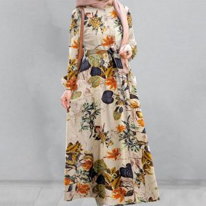 Muslim Dress Women's Retro Floral Printed Maxi Dress Female Sundress Abaya Dubai Hijab Kaftan Vestidos Robe Summer Dress 2021