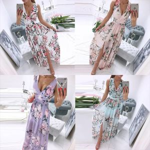 New Summer Deep V-neck Sleeveless Beach Dress Elegant Women's Chiffon Split Long Skirt Evening Dress Retro Floral Print Long 