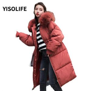 Winter women jacket  3XL Long section with hood Cotton clothes Faux fur collar faction overcomes coats Drawstring belt Parkas