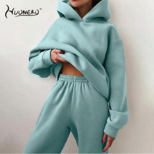 Oversized Women Tracksuit Casual Solid Two Piece Sets Hooded Sport Suits Autumn Winter Warm Hoodies Sweatshirts Fleece WHD25
