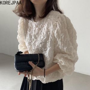 Korejpaa Women Shirt 2021 Autumn Korean Chic Simple Versatile Round Neck Loose Fold Design Bubble Cotton Long-Sleeved Blouses