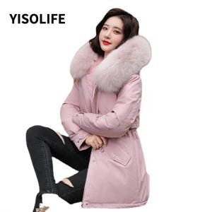 Women's Winter Cotton clothes Parker 3XL Draw back Thicken Jackets and coats Down cotton Mid-length Hooded Fur collar Parka