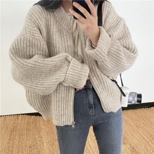 2021 Autumn New Women Knitted Sweaters Female Cardigan Tops O-Neck Zipper Loose Elegant Concise Office Lady Casual All Match