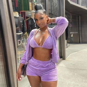 Adogirl Autumn Winter Women Velvet Solid Tracksuit Crop Tops+ Cardigan Coat+ Shorts Matching Sets Streetwear Outfits Plus Size