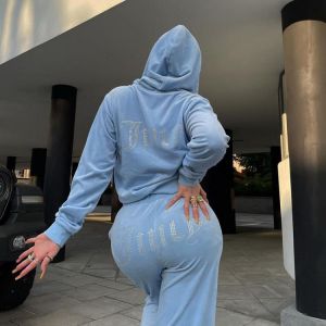 Velvet two-piece diamond hooded sweater zipper sweatshirt pants suit Y2K hot diamond velvet street casual sports suit women