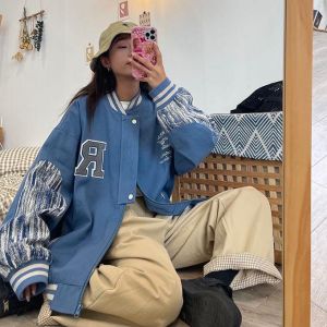 Retro color matching jacket female autumn new baseball uniform all-match loose retro overalls woman jacket