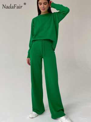 Nadafair Sweater Set Green Women Autumn Long Sleeve Knitted Tops And Trousers 2022 Fashion Spring Pants Set Femme Tracksuits