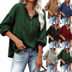 CUPNICE Women's V Neck Long Sleeve Henley Shirts Button Down Sweatshirts Hoodies Tunic Tops with Drawstring