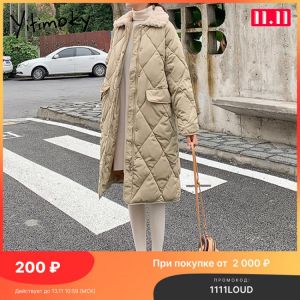 Yitimoky Argyle Woman Jacket Cotton Long Coat 2021 Winter Lamb Faux Fur Turn-down Collar Warm Solid Outwear Female Fashion New