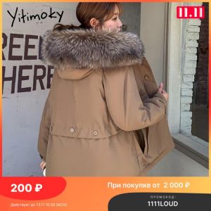 Yitimoky Woman Jacket Spliced Hoodie Cotton Winter Irregular Thick Zippers Warm Button Parkas Fur Collar Korean New Hood Outwear