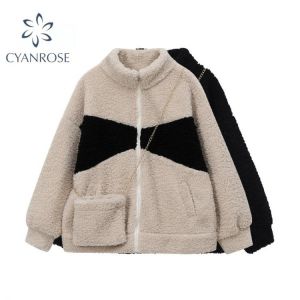 Women's Lamb Wool Jacket Patchwork Casual Oversized Top Winter Autumn 2021 Warm Outerwear Female Jackets Cute Korean Teddy Co