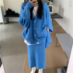 Alien Kitty Autumn Knitted Slim Two Pieces Sets Hollow Out Chic 2021 Loose Retro Sweaters High Waist Bodycon Long Skirts Suits