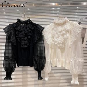Sexy Elegant Fashion New Super Fairy Multi-Layer Ruffled Stand Collar Rhinestone Mesh Puff Sleeves Knitted Shirt for Women