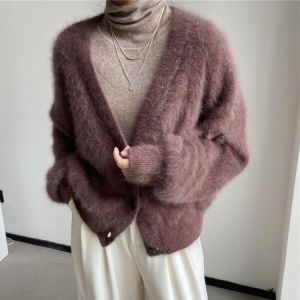 HziriP Mink Velvet Solid Lantern Sleeve Sweaters Coats 2021 Slim Thicken Warm New V-Neck All Match Casual Cardigans Autumn Tops