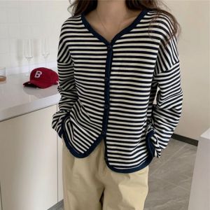 HziriP Classic Stripes Full Sleeves Knitwear Coats V-Neck Korea 2021 Chic Autumn Women New Sweaters Casual Cardigans OL Tops