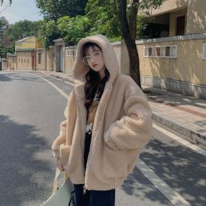 Women's Wool Lamb Coat Cute Bear Stand Collar Loose Thickened Warm Zipper Cardigan 2021 Winter New Solid Color Sweater Girl