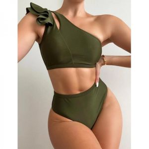 Solid Bikini Set High Wasted Ruffle Push Up Swimsuit Women 2 Pieces Green Swimwear Sexy Bathing Suits Summer Beach Wear Biquini