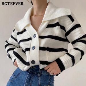 BGTEEVER Elegant Turn-down Collar Women Striped Sweaters Cardigans Autumn Winter Loose Single-breasted Female Knitted Tops 2021
