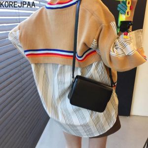 Korejpaa Women Cardigans 2021 Autumn Korea Fashion Ladies V-Neck Striped Fake Two-Piece Stitching Contrast Color Knitted Sweater