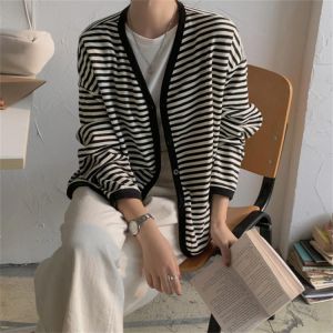 HziriP Black Classic Stripes Knitted Sweaters Full Sleeve 2021 Lazy Style Hot Fashion Cardigans Loose-Fitting Casual Hot Coats