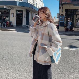 Lamb Wool Plaid Coat Women's 2021 Autumn and Winter Korean Loose Short Imitation Mink Wool Warm Jacket New on The Market