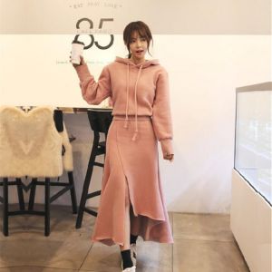 Women Autumn Hoodied Sweatshirt + Irregular Skirt 2 Piece Set Elegant Casual Loose Dress Suit Fleece Top Slim Split Skirt Set