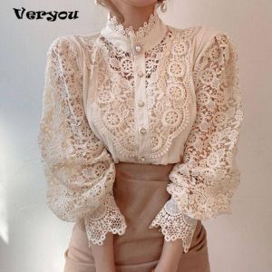 Petal Sleeve Stand Collar Hollow Out Flower Lace Patchwork Shirt Femme Blusa All-match Women Blouse Chic Button Top Women Shirt