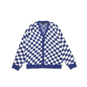 Klein blue checkerboard loose wild  cardigan sweater womens 2021 winter Korean lazy V-neck check knitted cardigan sweater womens
