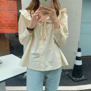 HziriP Peter Pan Collar Solid  Shirts Full Sleeves Belt Edible Tree Fungus Top 2021 Autumn Loose Casual Gentle Fashion Women