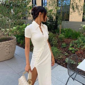 Hugcitar 2020 Short Sleeve Buttons Patchwork Slit Sexy Dress Autumn Winter Women Fashion Streetwear Outfits Party Elegant Wear