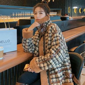 Thousand bird check lamb cashmere coat fur one-piece cardigan women's winter Korean loose thickened jacket motorcycle suit