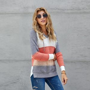 Autumn Winter Pullover Knitted Sweater Women Loose Casual V-neck Long-sleeved Sweater Top With Hood