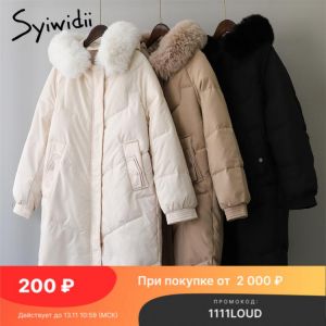 Syiwidii Women's Winter Jacket Fur Collar Hood Warm Coats 2021 Oversized Khaki Black Elegant Long Outerwear Office Ladies Par