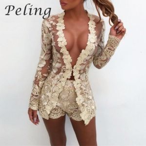 Peling Fashion Embroidery Sexy Two Piece Sets Women Lace V Neck Hollow Out Cardigan And Shorts Nightclub Perspective Outfits