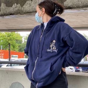 2021 new American retro navy blue printed hooded sweater zipper jacket tide ins women loose Oversized jacke