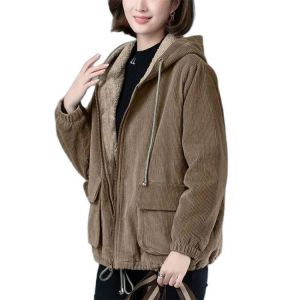 Corduroy Plus Velvet Thick Short Coat Women Tide Ing 2021 Autumn Winter Lamb Hair Mother Wear Loose Warm Coat Hooded Jacket A652