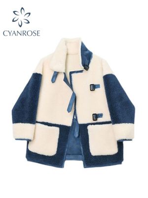 Fashion Patchwork Lamb Wool Jackets Coat Fleece Shaggy Warm Overcoat Single Breasted 2021 Winter Women Jacket Outwear Teddy Coat
