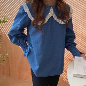 Alien Kitty Blue Patchwork Lace Loose All Match Pullovers 2021 Peter Pan Collar Office Lady Chic Gentle Fashion New Shirts