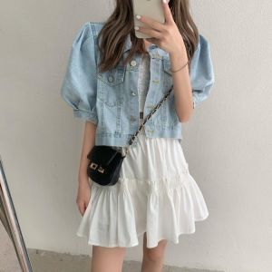 HziriP Autumn Denim Jacket Coat For Women 2021 Puff Sleeve Cowboy Office Lady All-Match Fresh Student Casual Loose Short Tops
