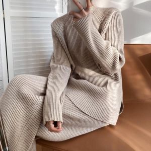 2021 Winter Casual Thick Sweater Tracksuits O-neck Pullover & Elastic Waist Pants Suit Female Knitted 2 Pieces Set