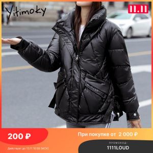 Yitimoky Short Coat Winter Woman Argyle Jacket Cotton Fashion Warm Bow Stand Collar Outwear Female Puffer Casual Solid Clothing