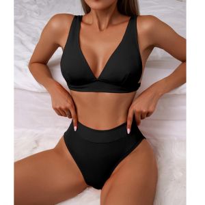 COOBBU Ribbed Bikini High Waist Swimsuit Women Push Up Swimwear 2021 Sexy V-Neck Biquini Solid Bathing Suit Bikini Set Beachwear