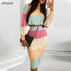eDressU 2PCS Woman Skirt Suits Houndstooth Print Fashion Office Pink Suit Two-Piece Short Tops Knee Length Skirt MZJ-048