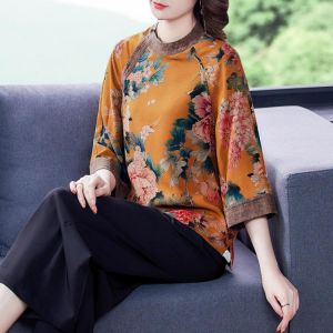 2020 New Spring and Autumn Chinese style Artificial-silk Women Blouse O-neck Three quarters Sleeve Peony Print Elegent  Shirt