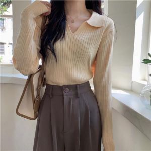 HziriP Hot 2021 New Autumn Women Sweater Turn-Down Collar Knitted V-Neck Long-Sleeved Solid Color Vintage Fashion Basic Pullover