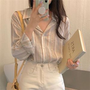 Alien Kitty Autumn Stripes Women Lapel Shirt Hot Sunscreen 2021 OL Loose High Quality Full Sleeve Plus Size Stylish Casual Tops